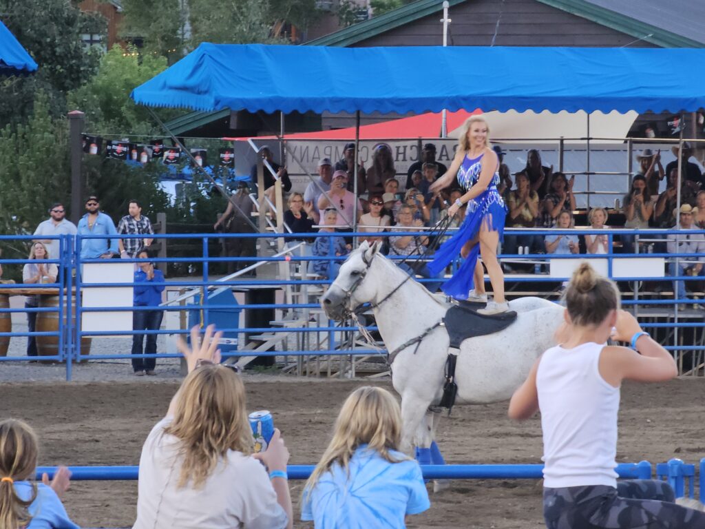 Trick rider standing on horses